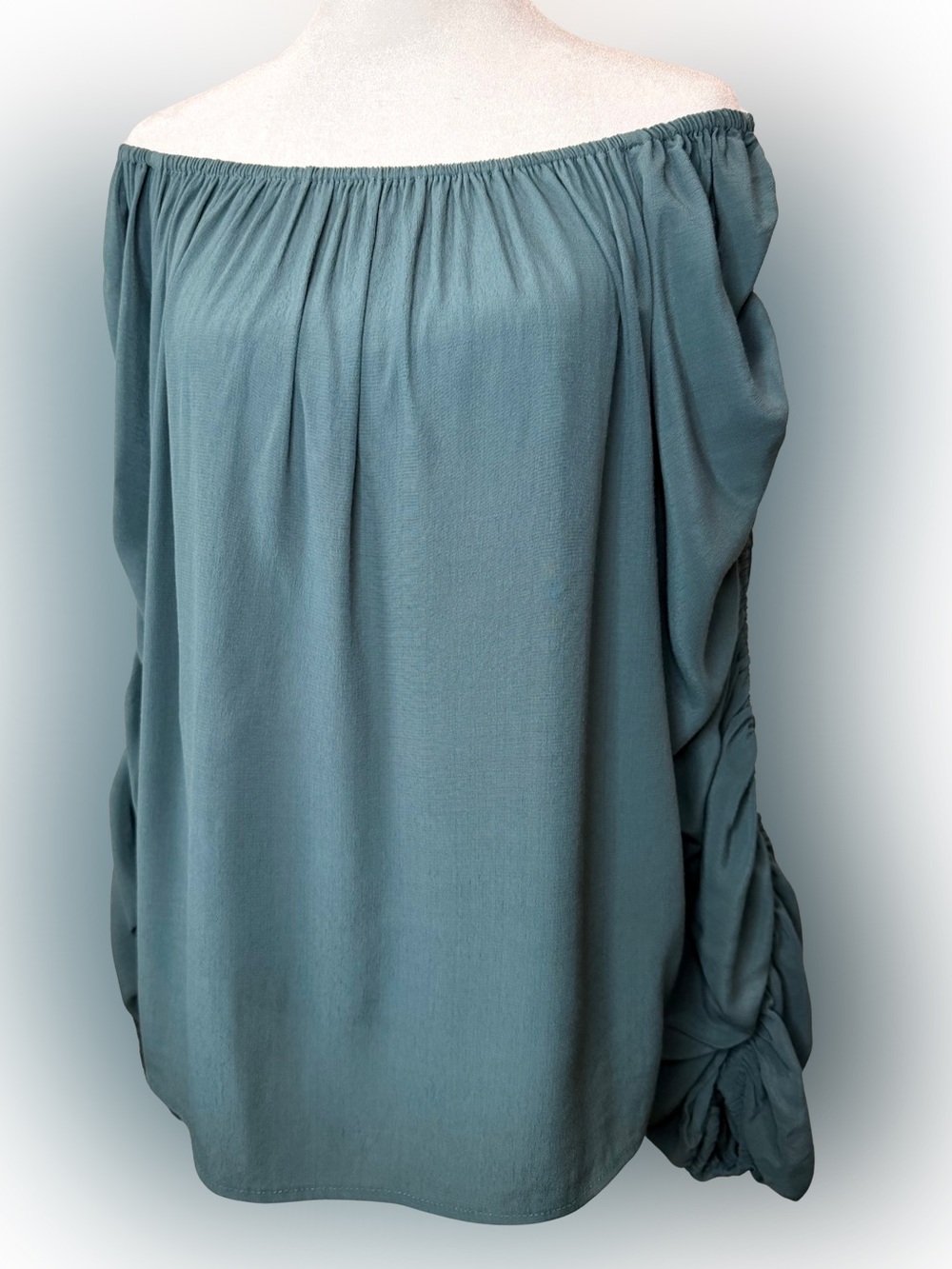 Off Shoulder Ruched Sleeve 100% Viscose Boho Renaissance Peasant Blouse Teal Med